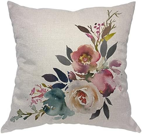 Axayaz Watercolor Floral Pillow Covers 18x18 Corner Bouquet Flowers in Blue Pale Pink Gray White ... | Amazon (US)