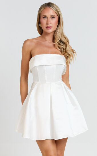 Valora Mini Dress - Strapless Fit and Flare Satin Dress in Ivory | Showpo (US, UK & Europe)