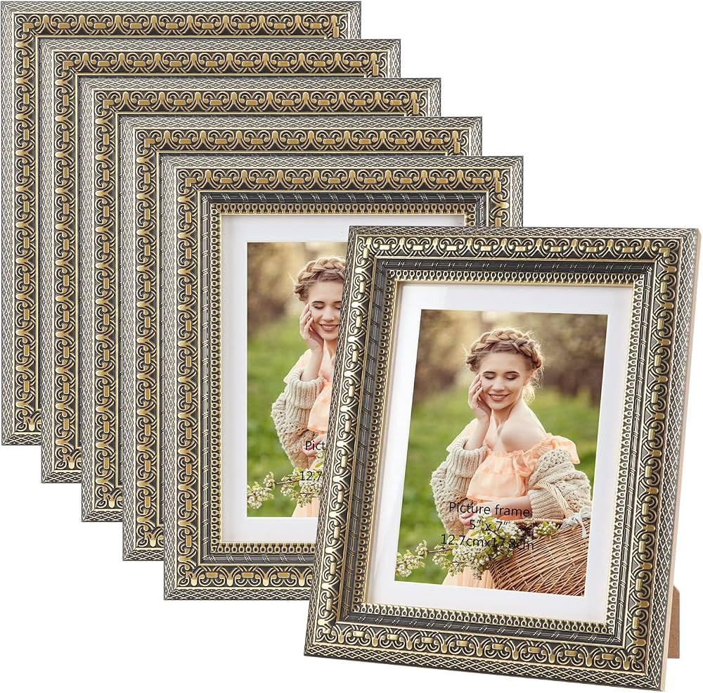 6 Pack Vintage 5x7 Picture Frames, Antique Gold 5 by 7 Photo Frame with Mat for Wall and Tabletop | Amazon (US)