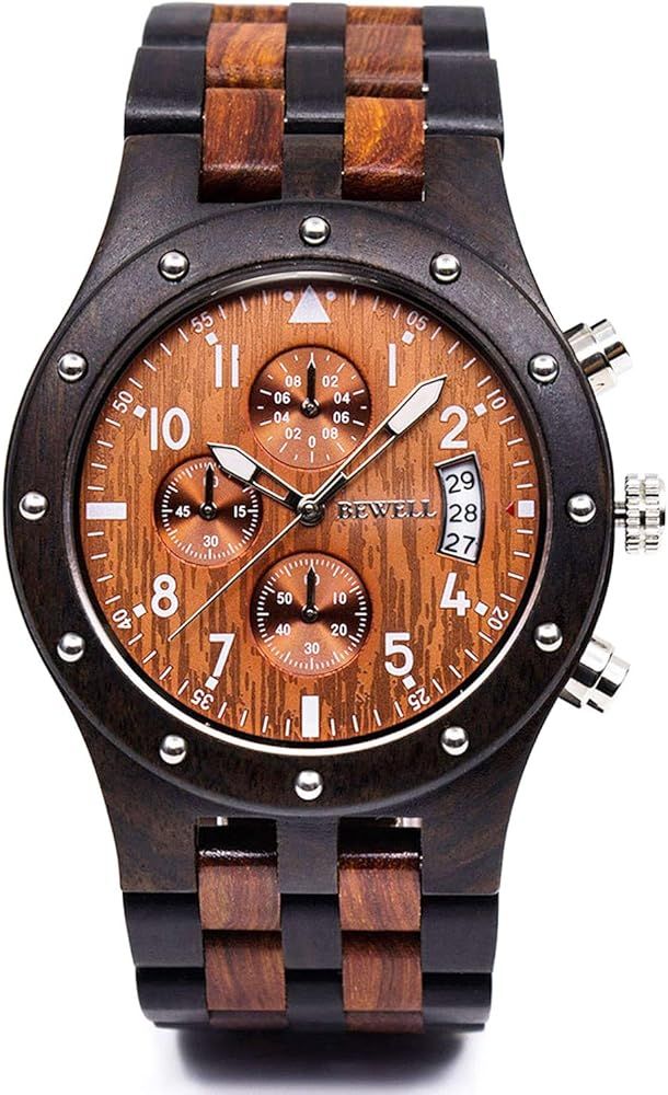 BEWELL W109D Sub-dials Wooden Watch Quartz Analog Movement Date Wristwatch for Men | Amazon (US)