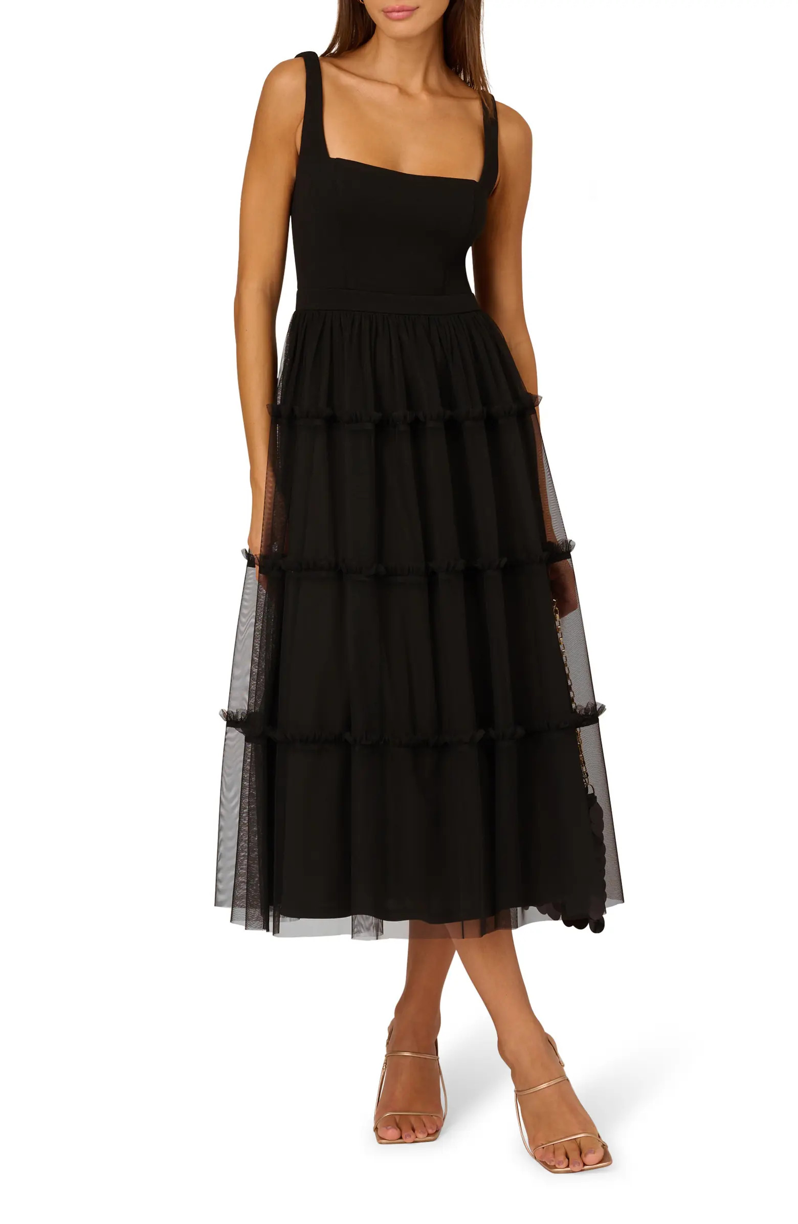 Mesh Overlay Tiered Midi Cocktail Dress | Nordstrom