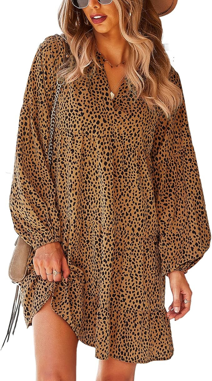 BROVAVE Women's Casual Tunic Dress Long Sleeve Boho Polka Dot Swing Ruffle Mini Dress S-3XL | Amazon (US)