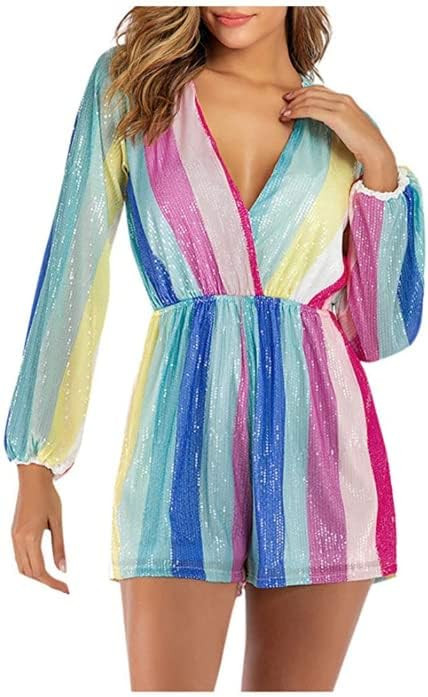 Women V Neck Lantern Sleeve Multicolor Striped Sequin Short Rompers Jumpsuits | Amazon (US)