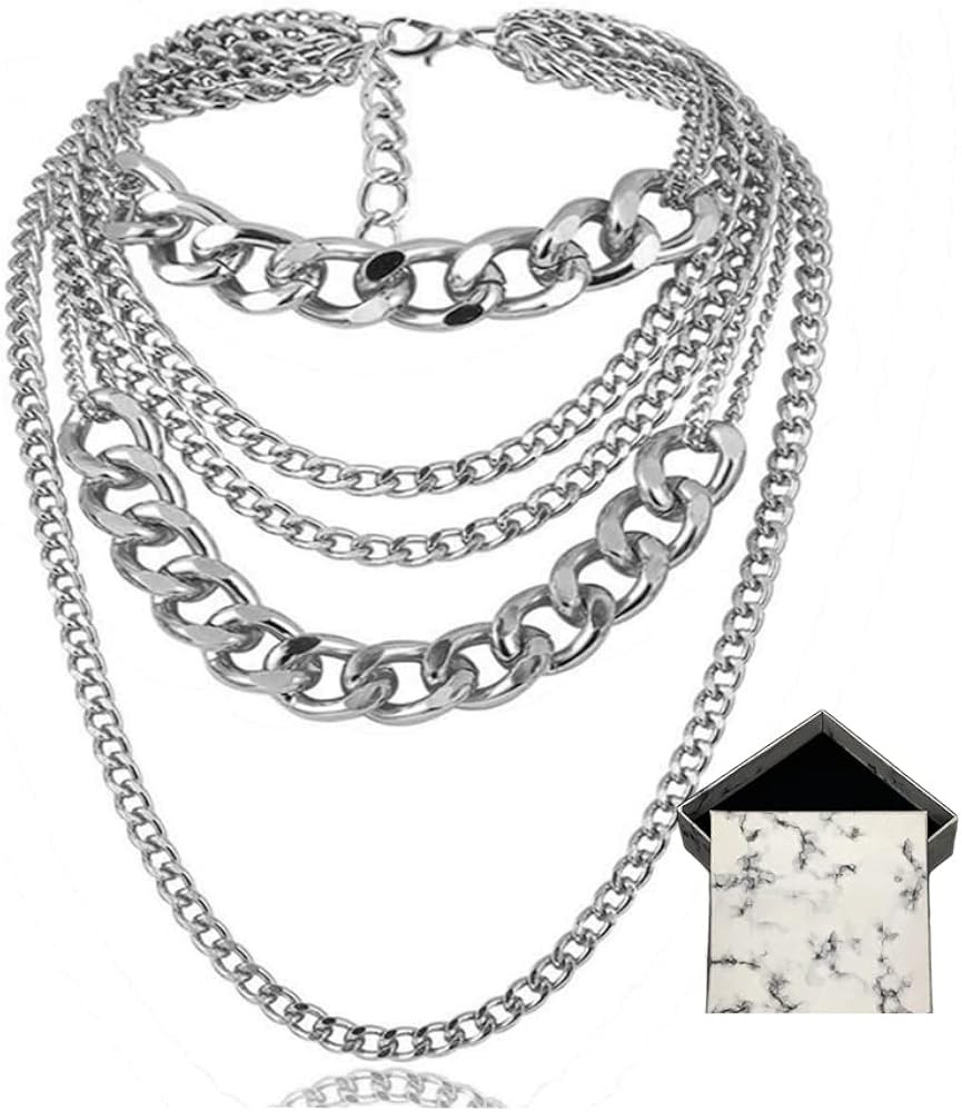 Chunky Necklaces for women Punk Chain Silver Statement Collar Necklace | Amazon (US)