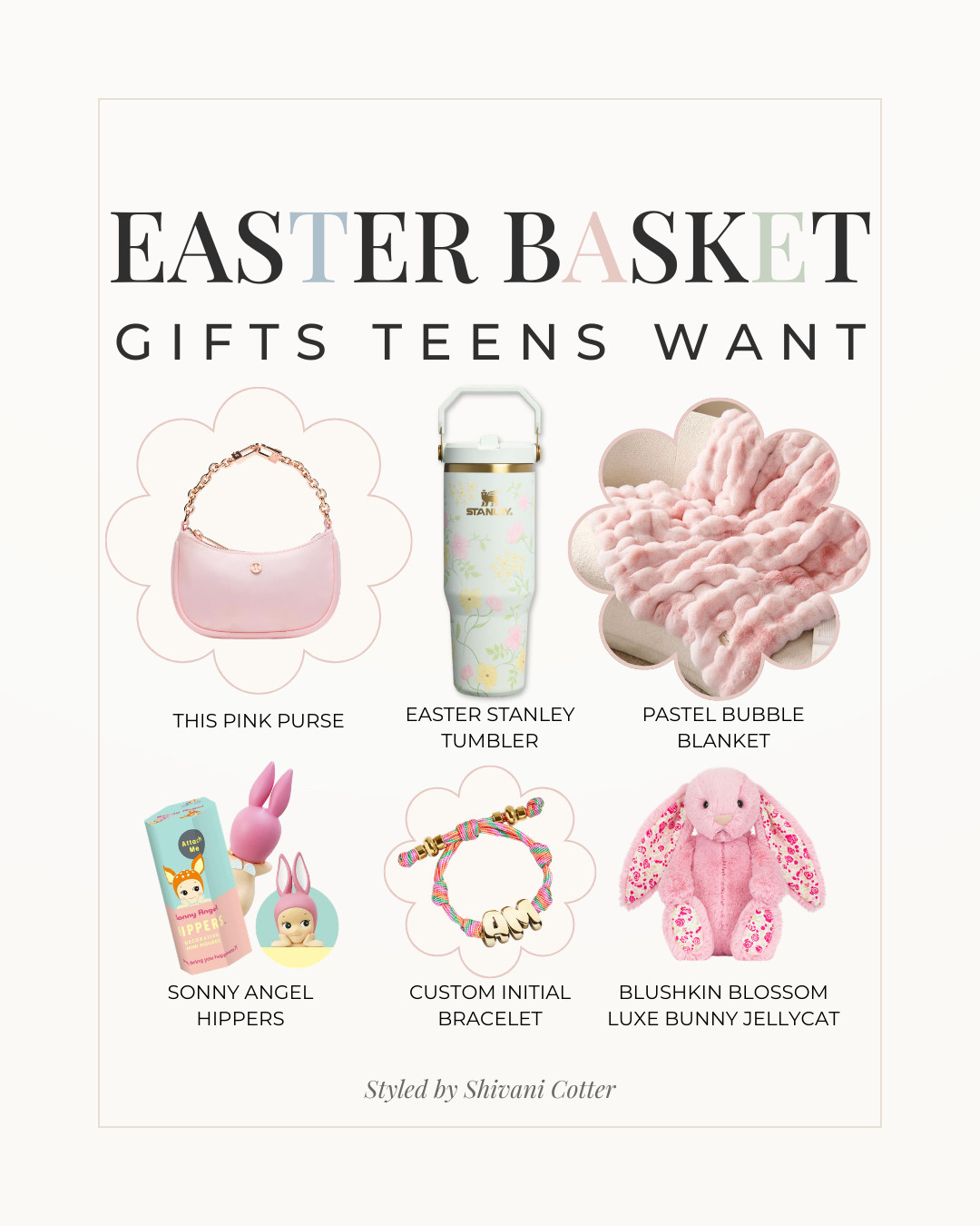 EASTER BASKET GIFTS TEEN GIRLS LOVE
An elevated take on Easter baskets for teen girls. Whether in college, high school, or a tween, these are some of the most loved Easter ideas for teens!
Sonny Angel Hippers | Bunny Jellycat | Soft, Plush Bubble Blanket | Pastel Stanley Tumbler | LuluLemon Purse In Pink | Custom Initial Bauble Bar Bracelet 

 #easterbasket #eastergifts #LTKKids