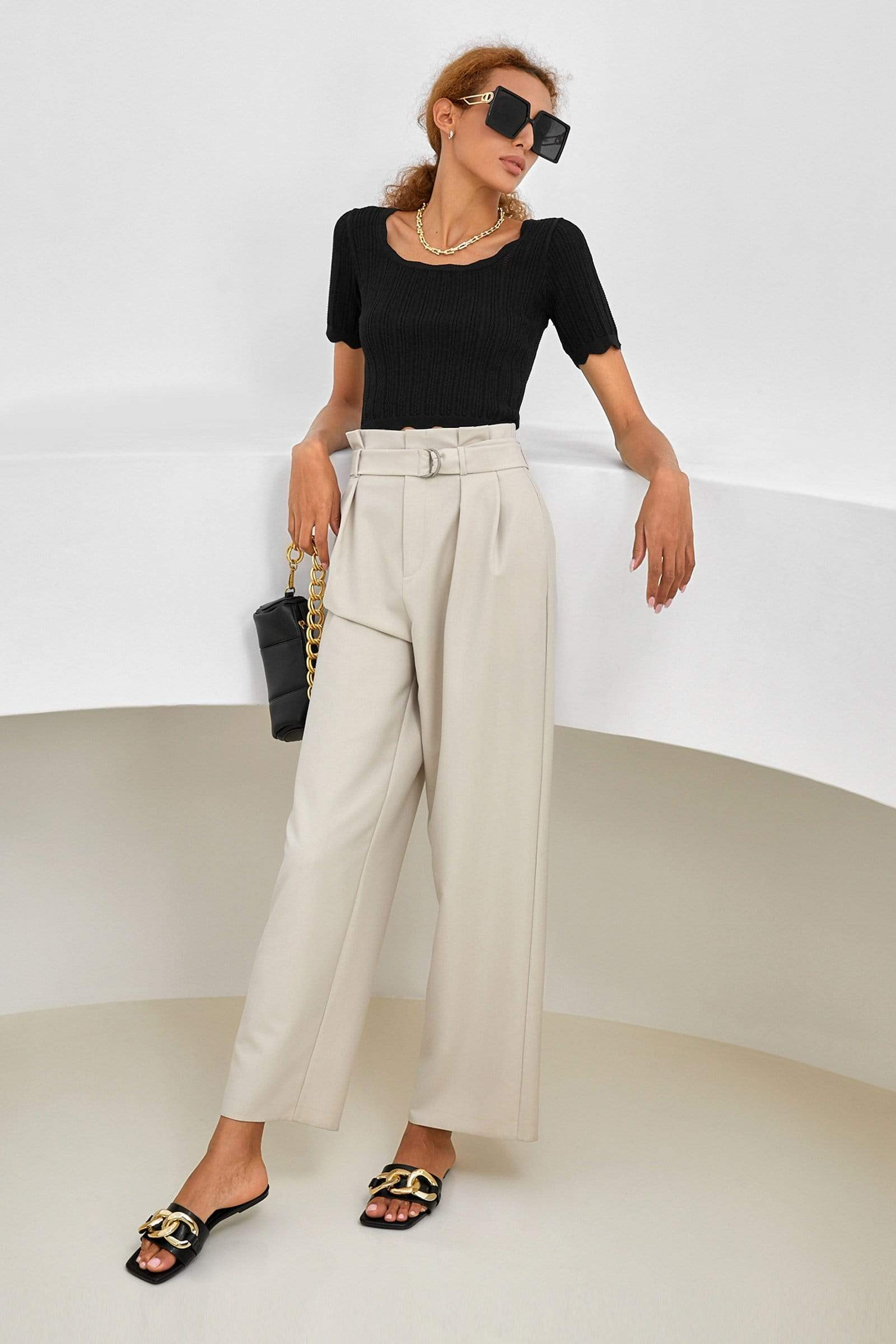 Beige Self-Tie Wide Leg Pants | J.ING