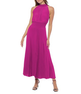 Marina Sleeveless Halter Mock Neck Smocked Pleated Crepe Chiffon A-Line Midi Dress | Dillard's | Dillard's