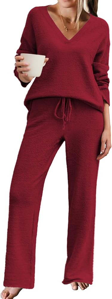 Ekouaer Womens Pajama Sets Fuzzy Fleece Sleepwear Long Sleeve Pjs 2 Piece Lounge Set Fall Outfits... | Amazon (US)