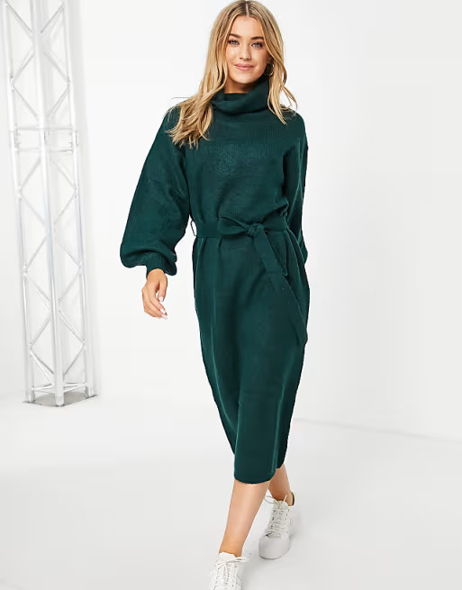 ASOS DESIGN knit roll neck midi dress with tie waist in dark green | ASOS (Global)