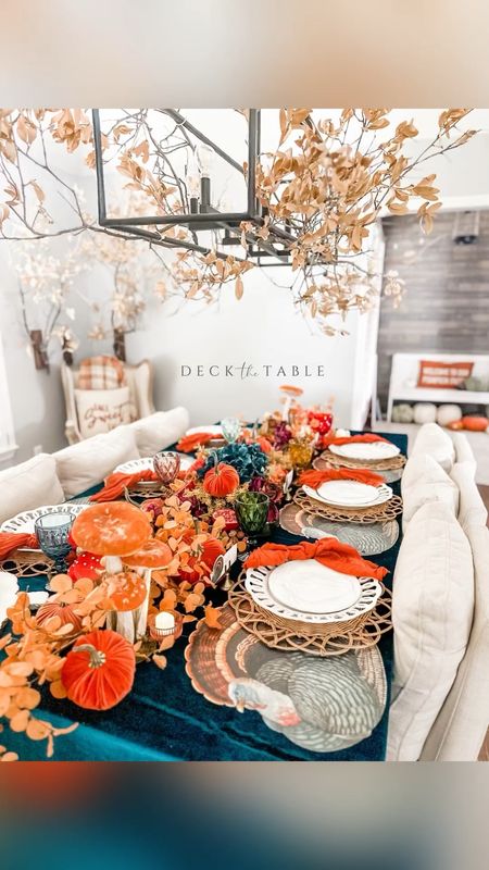 My table is DECKed & ready for Thanksgiving! Can’t wait to gather with the family around this stunning table. The teal & orange color combo is a stunner. More is more with our floral centerpiece. All my favorite Fall finds came together beautifully to DECK a table that is elevated, warm, and inviting! Happy Thanksgiving week y’all! 🥰

#LTKSeasonal #LTKhome #LTKHoliday