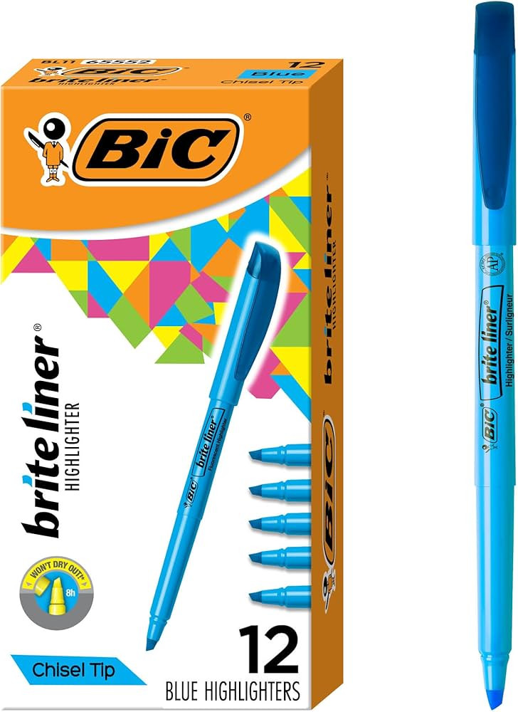BIC Brite Liner Highlighters, Chisel Tip, 12-Count Pack of Blue Highlighters, Ideal Highlighter S... | Amazon (US)