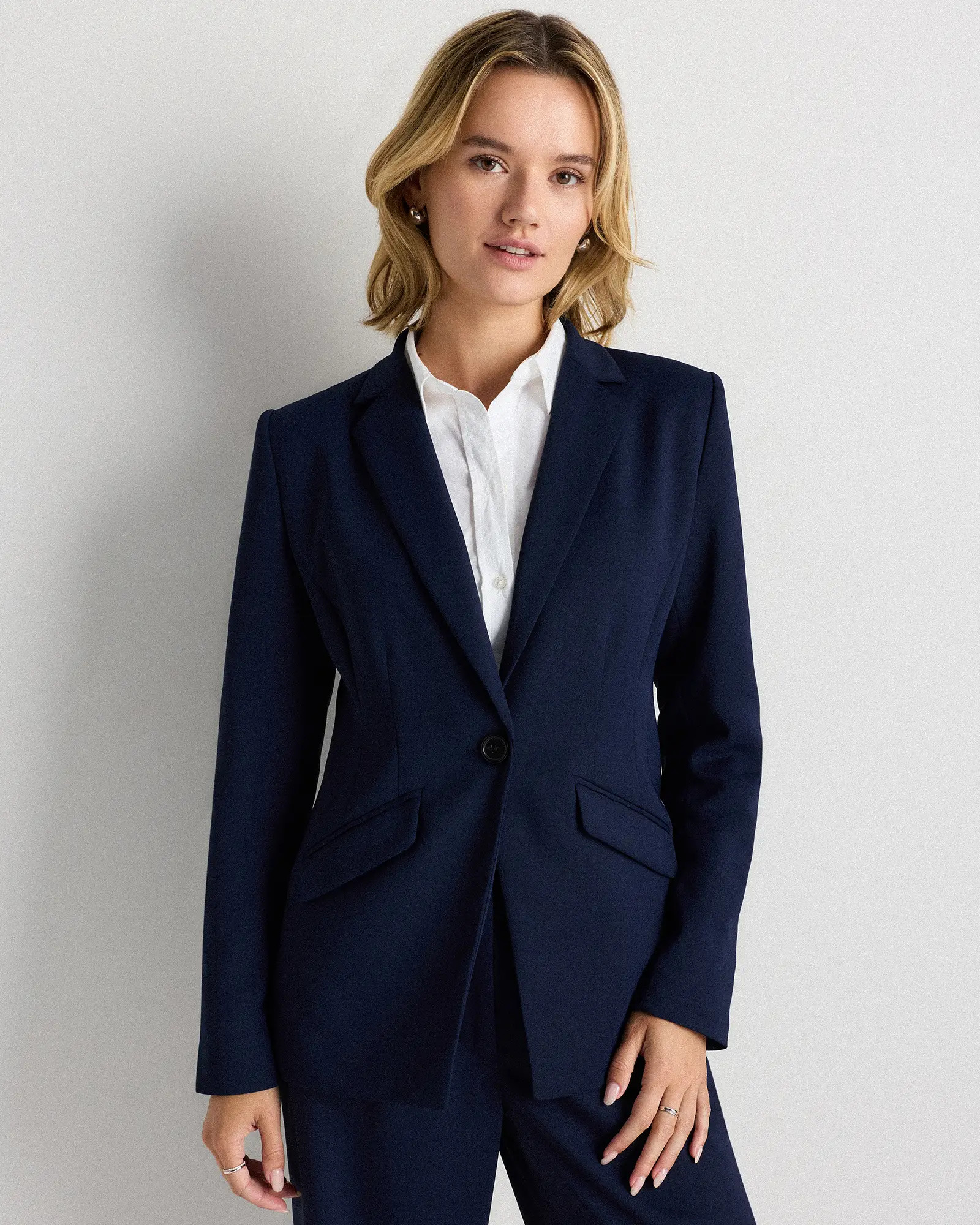 Stretch Crepe Cinched Waist Blazer in Navy | Quince