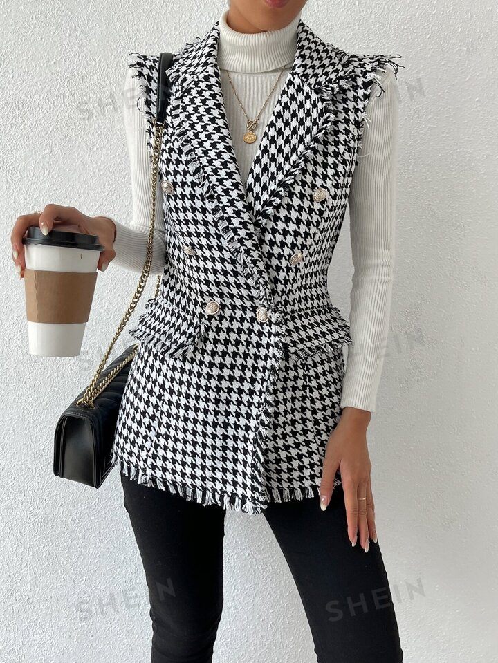 SHEIN BIZwear Houndstooth Print Double Breasted Vest Blazer Without Sweater | SHEIN