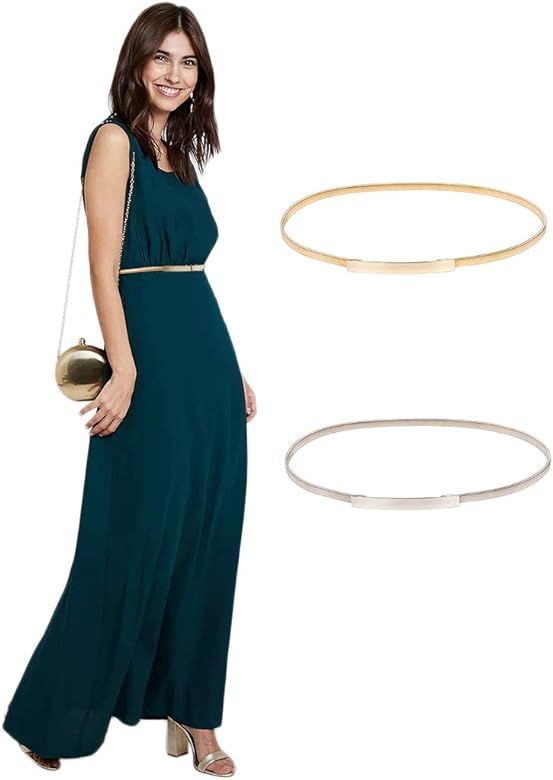 GRACE KARIN Women Skinny Metal Cinch Belt Gold Waistband Elastic Waist Belt CL633 | Amazon (US)