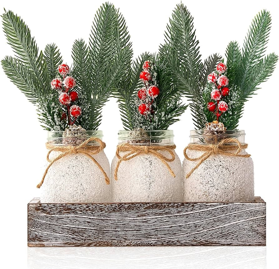 Christmas Table Centerpieces, Centerpieces for Tables Settings Farmhouse Wood Tray with 3 Mason J... | Amazon (US)