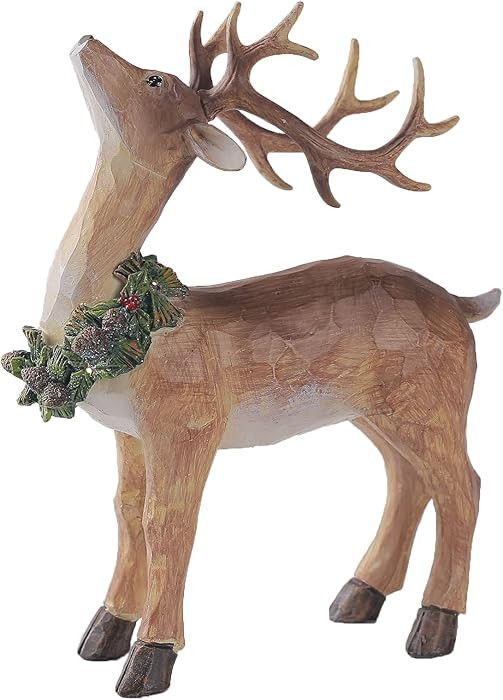 Christmas Deer with Pine Wood Carving Figurine, Reindeer Figurine with LED Lights Decorations for... | Amazon (US)