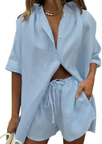 Fixmatti Women 2 Piece Outfits Long Sleeve Button Down Blouse and Shorts Sweatsuit Sets | Amazon (US)