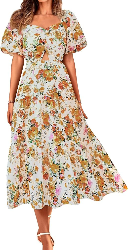 BTFBM Summer Dresses for Women 2026 Spring Outfits Beach Vacation Short Sleeve Smocked Boho Casua... | Amazon (US)