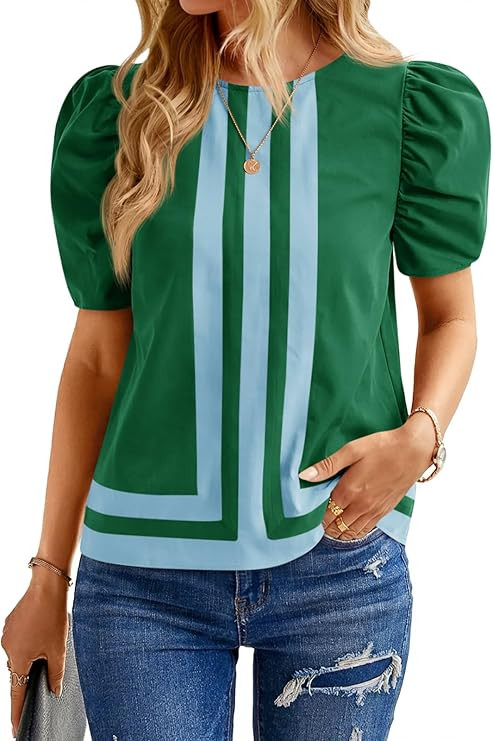 Cicy Bell Womens Summer Puff Sleeve Blouses Striped Color Block Cropped Tops Casual Round Neck Sh... | Amazon (US)