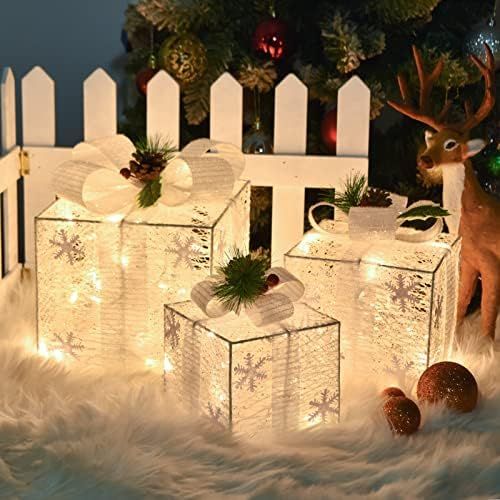 COVFEVER Christmas Lighted Gift Boxes with Snowflake Ornament, 3 Pack Pre-lit Present Boxes Set Batt | Amazon (US)
