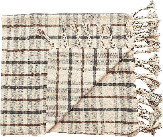 Bloomingville Woven Recycled Cotton Blend Plaid Tassels, Charcoal Color & Brown Throw, Charcoal &... | Amazon (US)