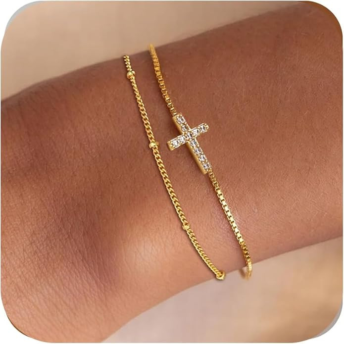 Cross Bracelet for Women，Dainty 14k Gold Plated Bracelets for Women Small Wrist, Trendy Stack T... | Amazon (US)