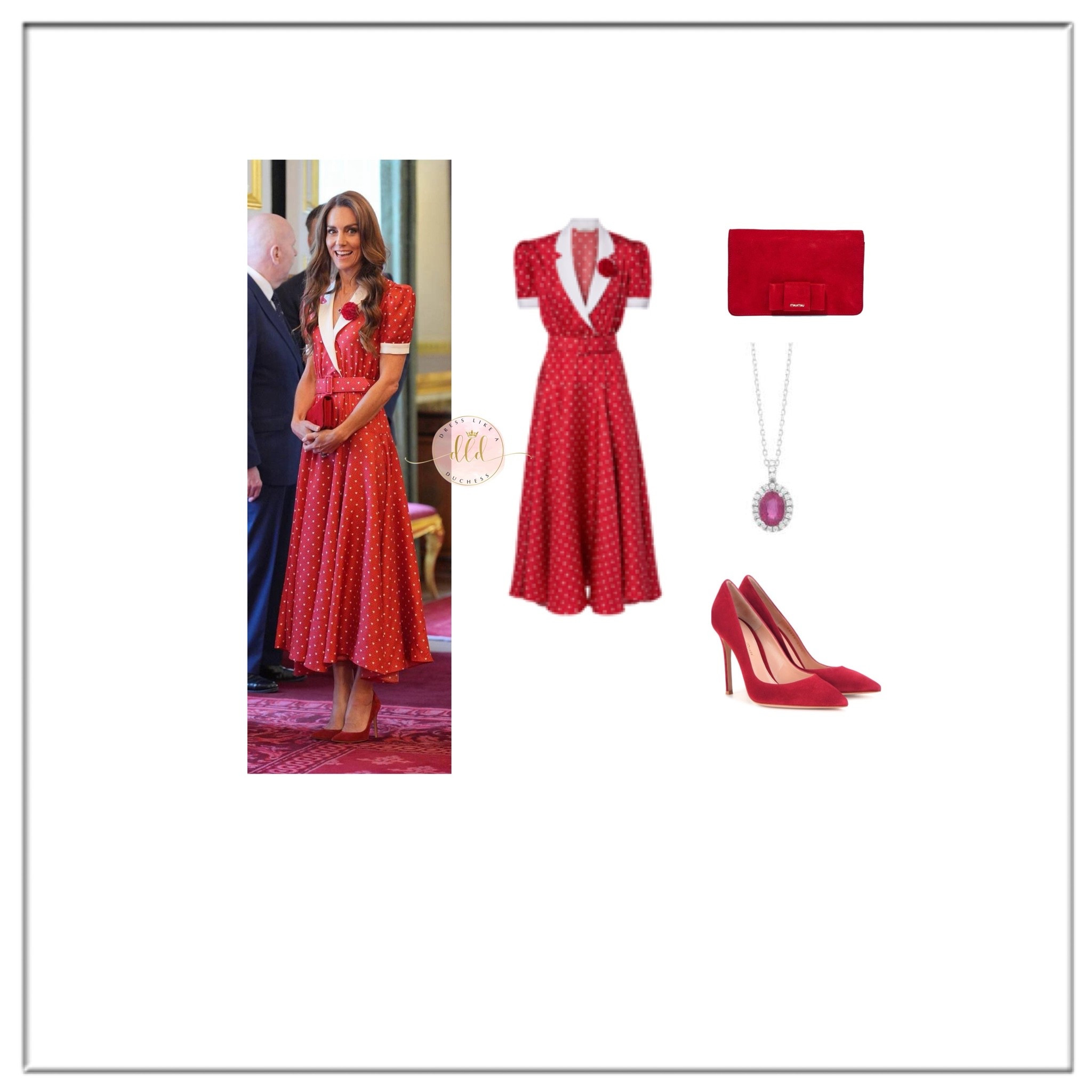 Kate Middleton in Rodarte red and white polka dot dress for a reception for Cancer Research UK at St James Palace