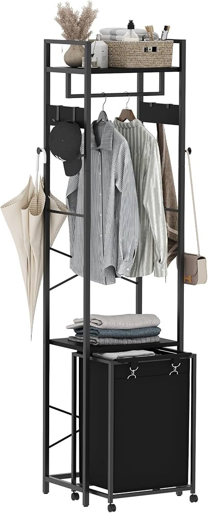 Coat Rack with Laundry Basket, Laundry Hamper Freestanding Hall Tree, Clothes Rack with Storage S... | Amazon (US)