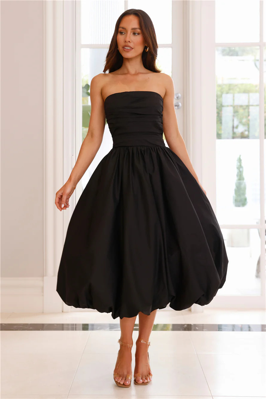 Upon A Cloud Strapless Bubble Midi Dress Black | Hello Molly (US)