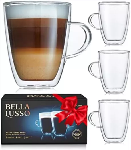 LETINE Clear Glass Coffee Mug with Lids (12.5 oz) - Insulated