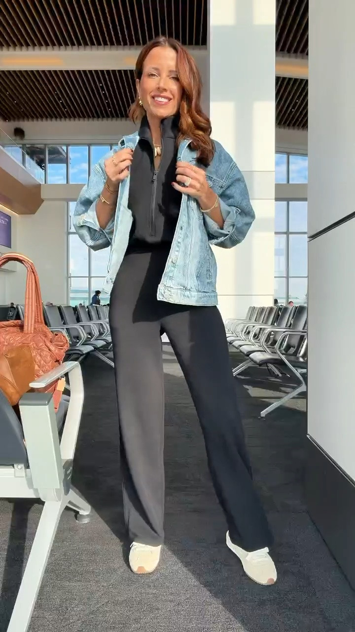 My travel outfit of the day. Airport outfit. Casual outfit. Elevated casual outfit. Spanx jumpsuit (bathroom-friendly) in XS petite. Code LISAMARIEXSPANX on first time purchases. XS in slouchy denim jacket. Alo mule sneakers are TTS. MX Wallace quilted tote bag in medium, color ‘terracotta’.

#LTKootd #LTKgrwm #LTKTravel