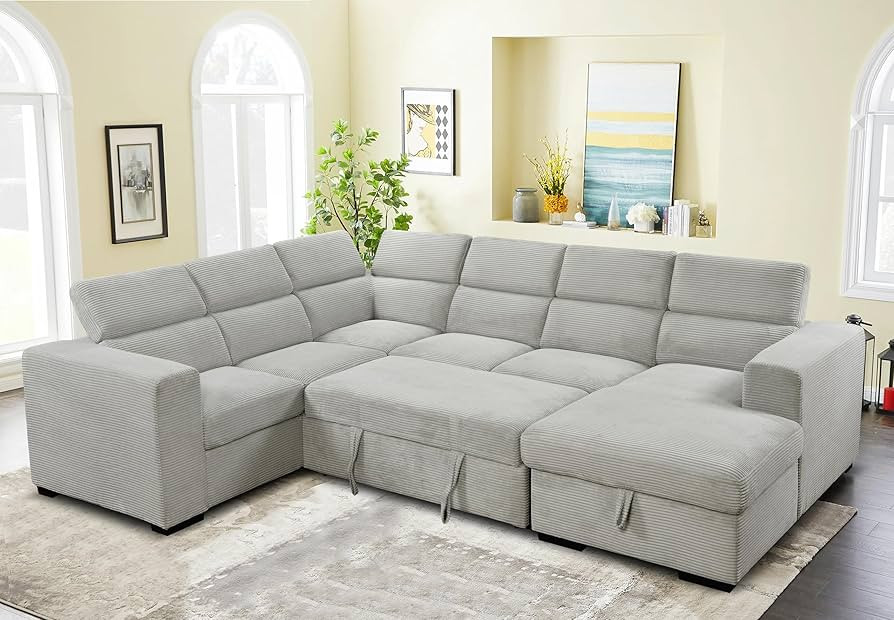 123" Sectional Sleeper Sofa with Pull Out Bed, 7-Seats U Shape Oversized Sectional Couch with Sto... | Amazon (US)