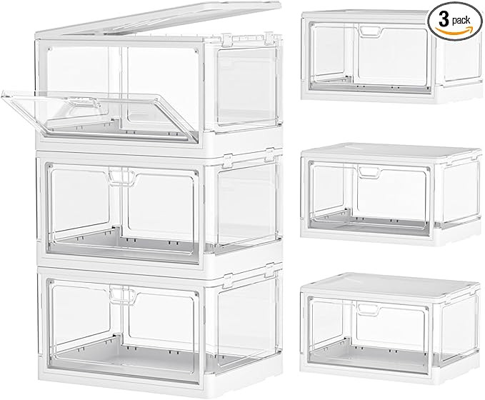 Clear Storage Bin with Lid 3 Pack 【Stackable & Sturdy】Plastic Multifunctional Folding Storage... | Amazon (US)