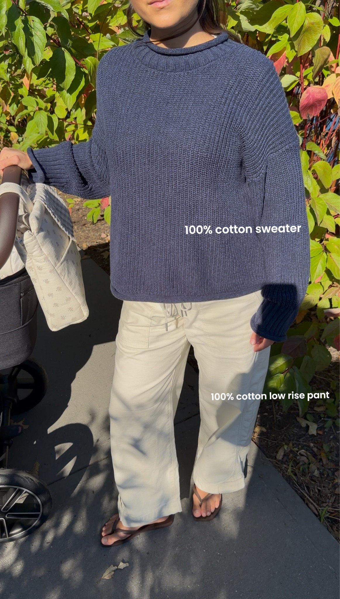 [10/12/26] both top + bottom are 100% cotton from @abercrombie | wearing size 26 in bottoms, unfortunately sweater is almost sold out, but linking similar 100% cotton rollneck sweater options! Stroller bag is minicoton, unfortunately not linkable!