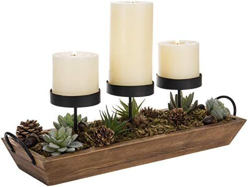 MyGift 3-Pillar Black Metal Candle Holder with Rustic Wood Tray and Handles, Tabletop/Mantel Cent... | Amazon (US)