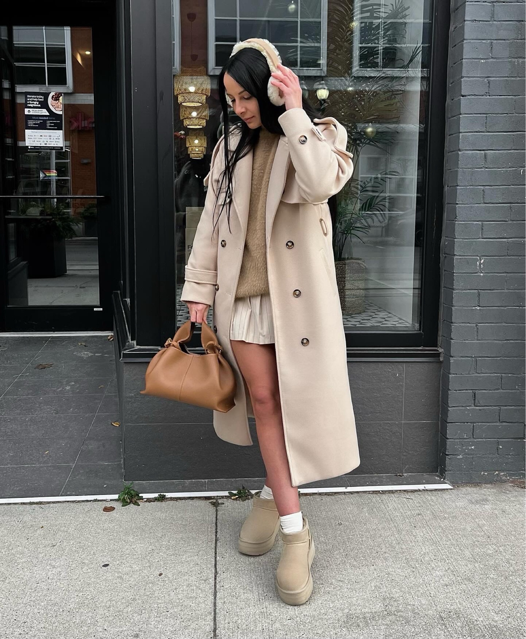 Cozy winter outfit | beige coat, Uggs ultra mini platform, brown fuzzy earmuffs 

Items I can’t tag: 
Bag: polene 
Skort: old Zara 

(Coat only available in stone colour now) 

#LTKstyletip #LTKSeasonal #LTKHoliday