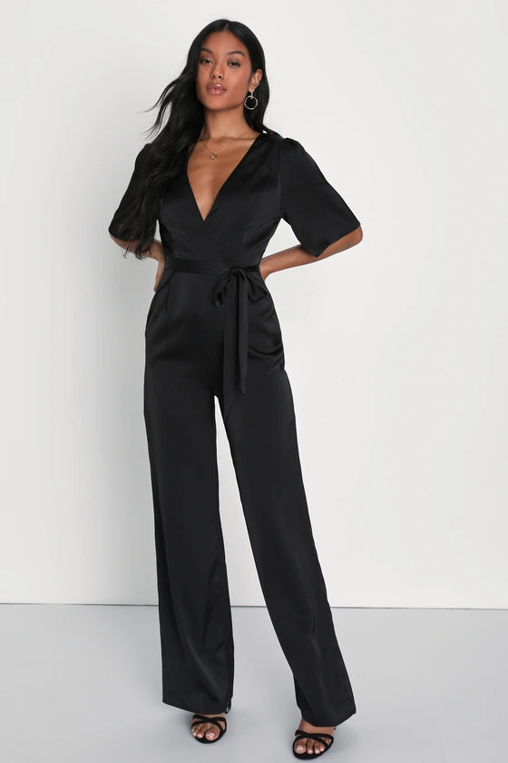 Fabulous Class Black Satin Short Sleeve Wide-Leg Jumpsuit | Lulus (US)