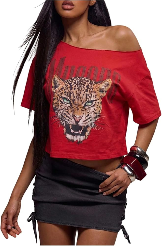 RoseSeek Women's Off Shoulder Letter Graphic Tees Short Sleeve Loose T Shirts Asymmetric Crop Top... | Amazon (US)