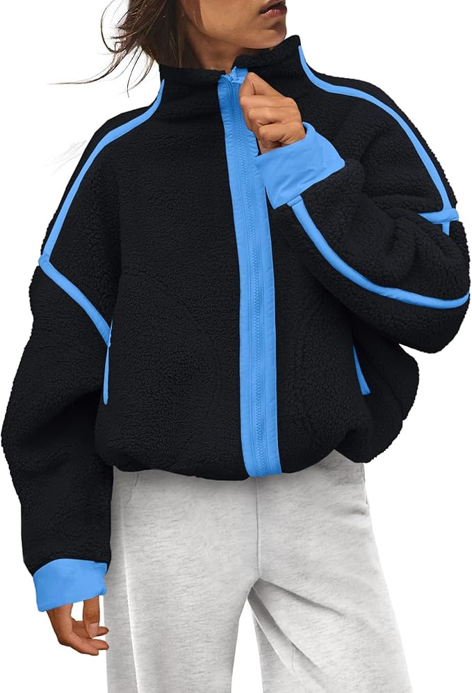 LAMISSCHE Zip up Fleece Jacket Women Oversized Mock Neck Sherpa Sweatshirt Striped Long Sleeve Pu... | Amazon (US)