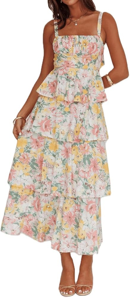 Argeousgor Womens Floral Print Maxi Dresses Tiered Ruffles Long Dress Spaghetti Strap Sleeveless ... | Amazon (US)