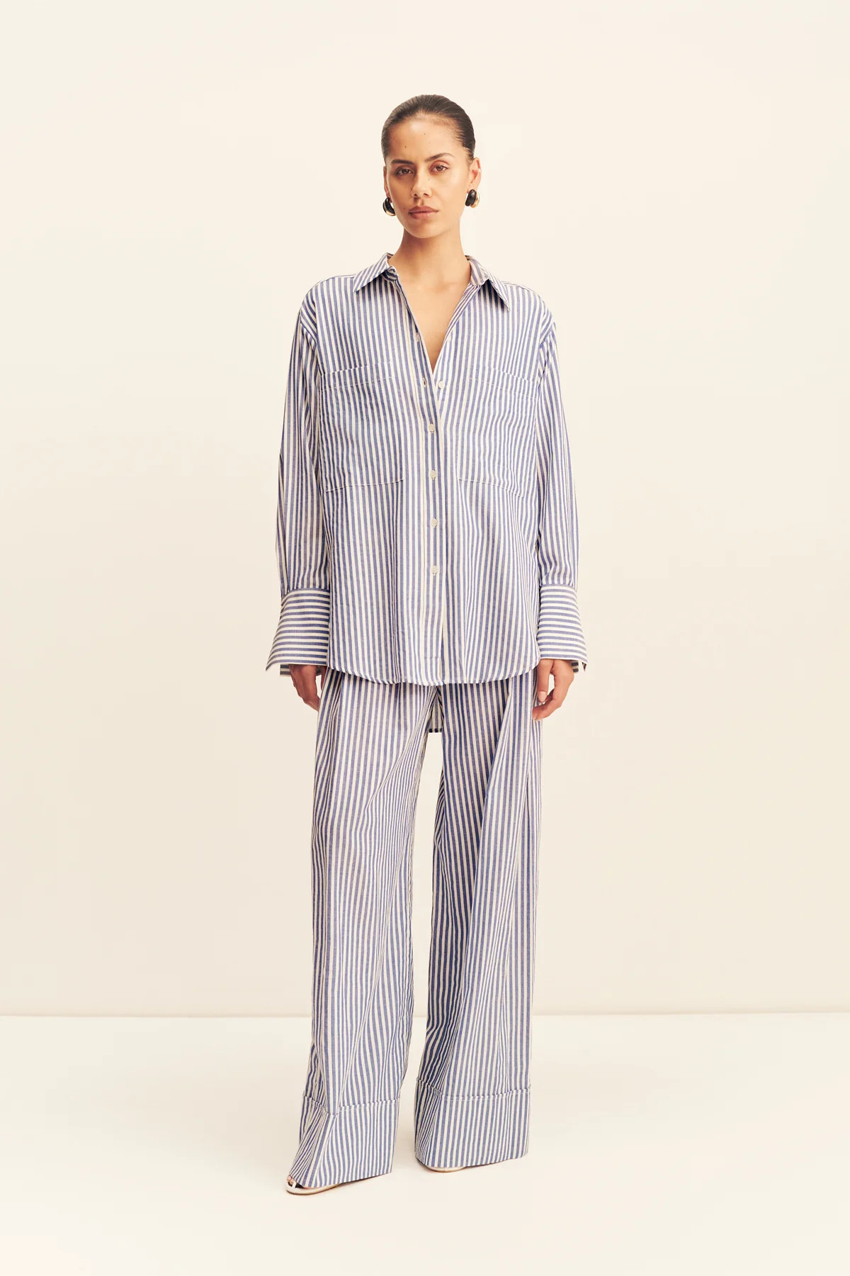 Yasmine Curved Hem Shirt | Chambray Blue/Ivory | Tops | Shona Joy | Shona Joy