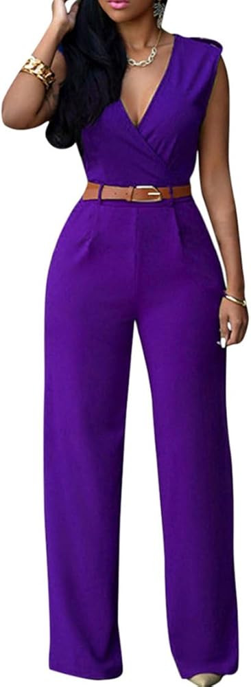 Pink Queen Jumpsuits for Women Dressy V Neck Sleeveless Wide Leg Long Pant Rompers Business Casua... | Amazon (US)