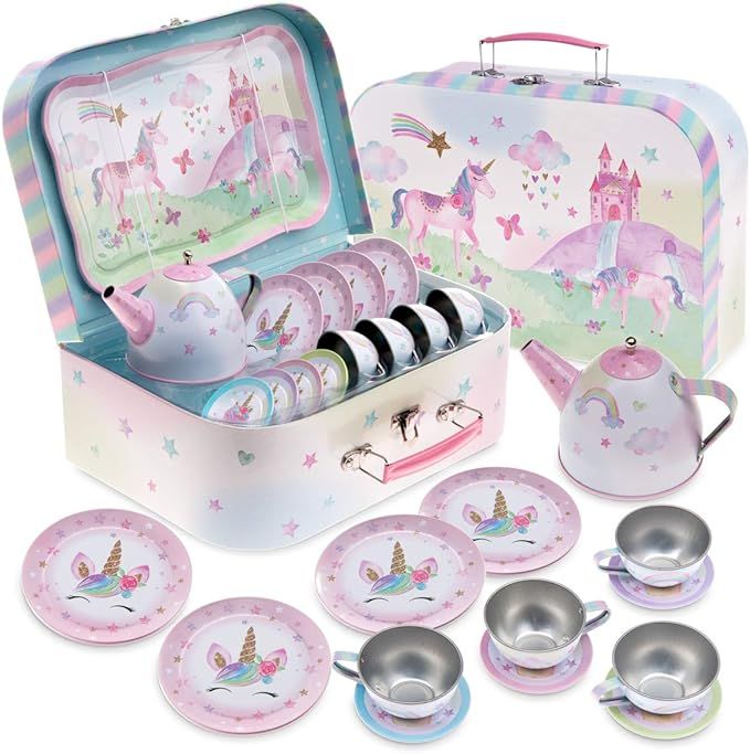 Jewelkeeper Toddler Toys Tea Set for Little Girls - 15 Pcs Tin Tea Set for Kids Tea Time Includes... | Amazon (US)