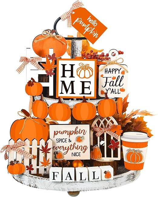 Set of 15 Fall Tiered Tray Decor Pumpkins Farmhouse Decor Autumn Maple Leaf Table Centerpieces Th... | Amazon (US)