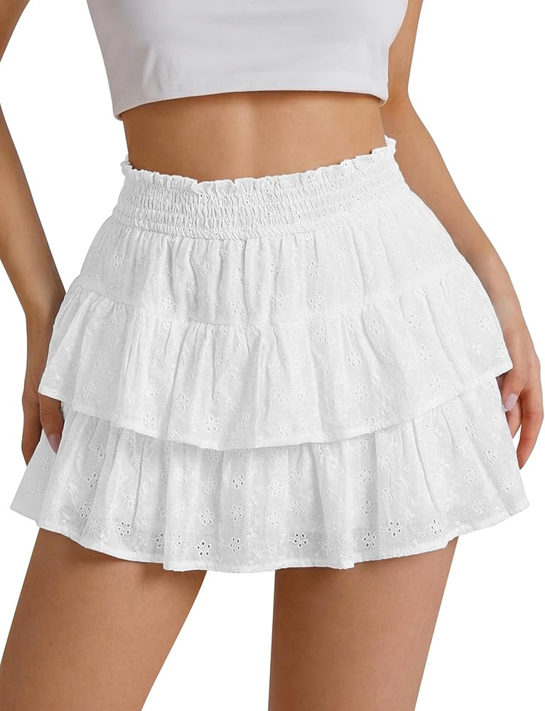 FOMELY Ruffle Skirt for Women, Double-Layer Flowy Mini Skirt with Shorts Underneath,Casual Summer... | Amazon (US)