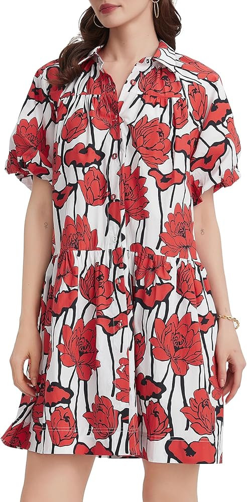 Kedera Women's Summer Button Down Shirt Dress Floral Puff Short Sleeve Casual Loose Fit Beach Min... | Amazon (US)