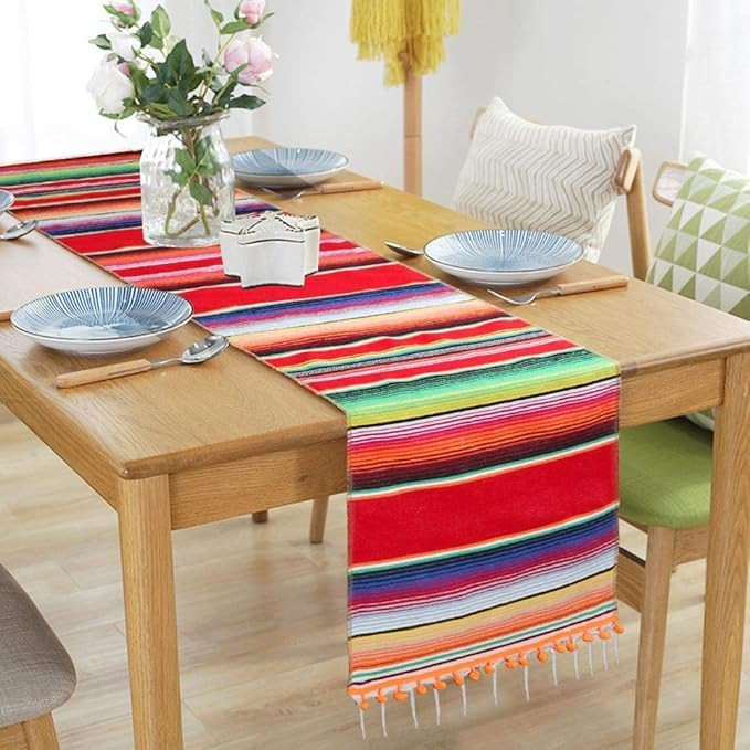 AerWo Mexican Table Runner Upgraded Serape Table Runner, Handwoven Fringe Cotton Serape Blanket T... | Amazon (US)