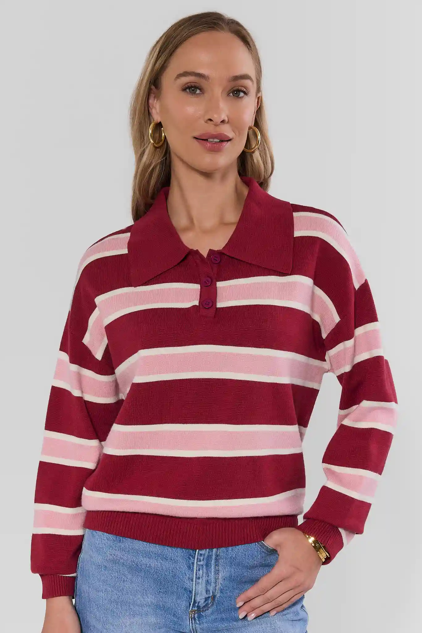 Maroon Striped Collared Knit Top | Avara