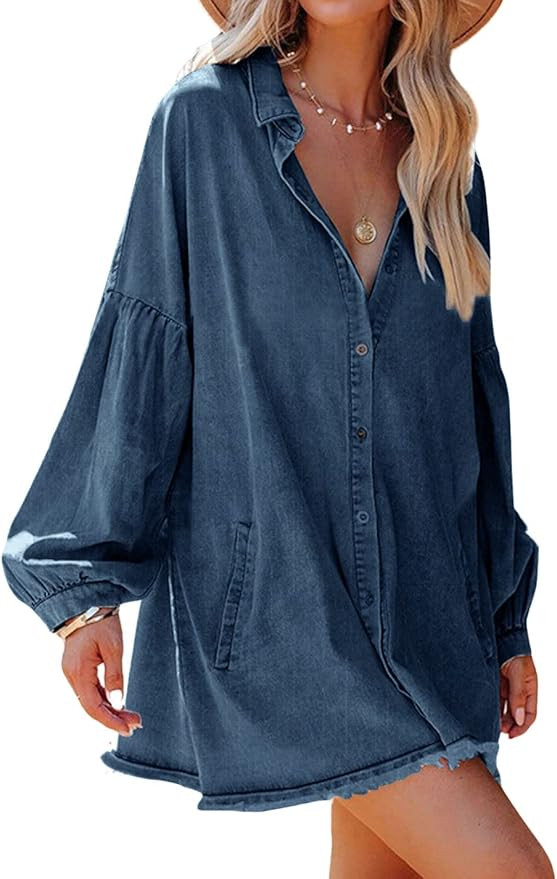 loveimgs Women Oversized Distressed Denim Button Down Shirt Tunic Dress Flowy Mini Jean Dress wit... | Amazon (US)