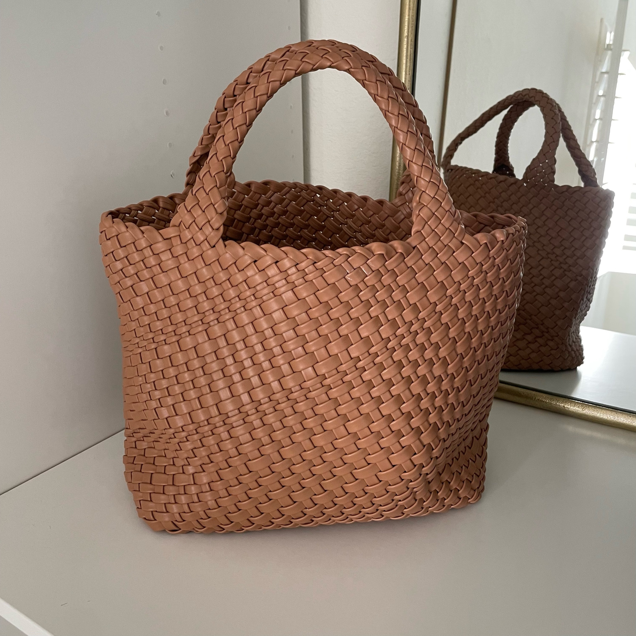 KALIDI Woven Tote Bag, Women Macaron Soft Leather Weave Handbag Purse Wrist Bag Large Capacity Work Shopping Travel Daily